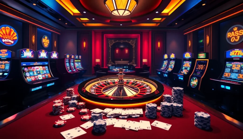 Visualizing excitement at a casino with link vào mu88 feature, featuring vibrant roulette and slot machines.