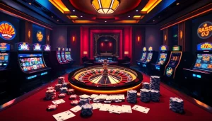 Visualizing excitement at a casino with link vào mu88 feature, featuring vibrant roulette and slot machines.