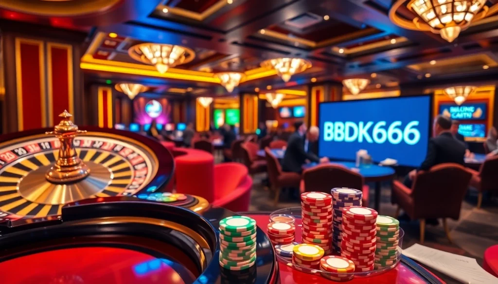 Experience the thrill of BDTK666 at an elegant casino with vibrant roulette and poker games.