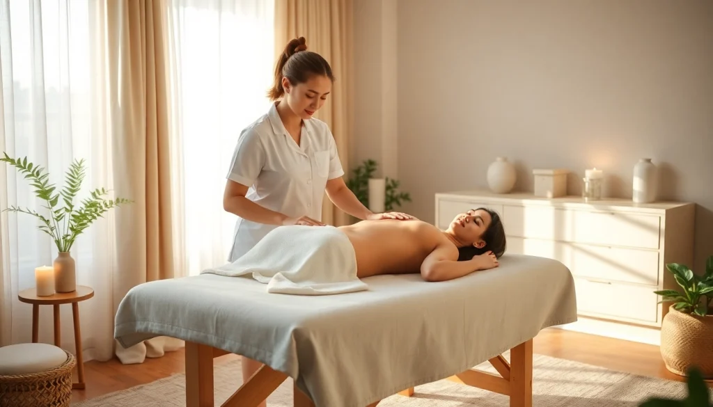 출장마사지 in a calming home environment, showcasing a professional therapist and relaxed client.