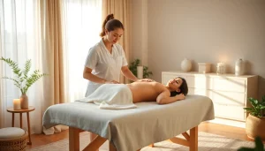 출장마사지 in a calming home environment, showcasing a professional therapist and relaxed client.