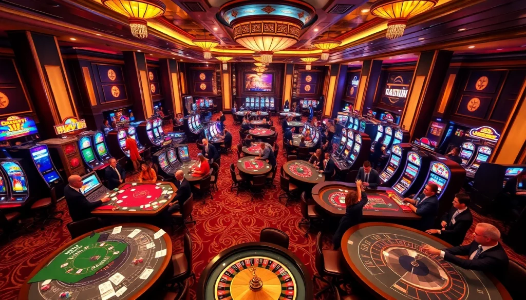 Exciting scene at GG88 casino with vibrant tables, lively gamblers, and luxurious decor.