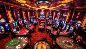 Exciting scene at GG88 casino with vibrant tables, lively gamblers, and luxurious decor.