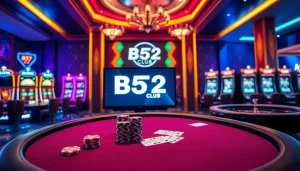 B52 Club online players engaging in poker at a luxurious casino table filled with chips and cards.