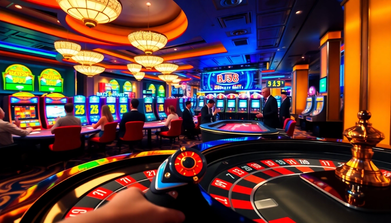 Intense gaming action at BJ38 casino with poker chips and vibrant roulette wheel.