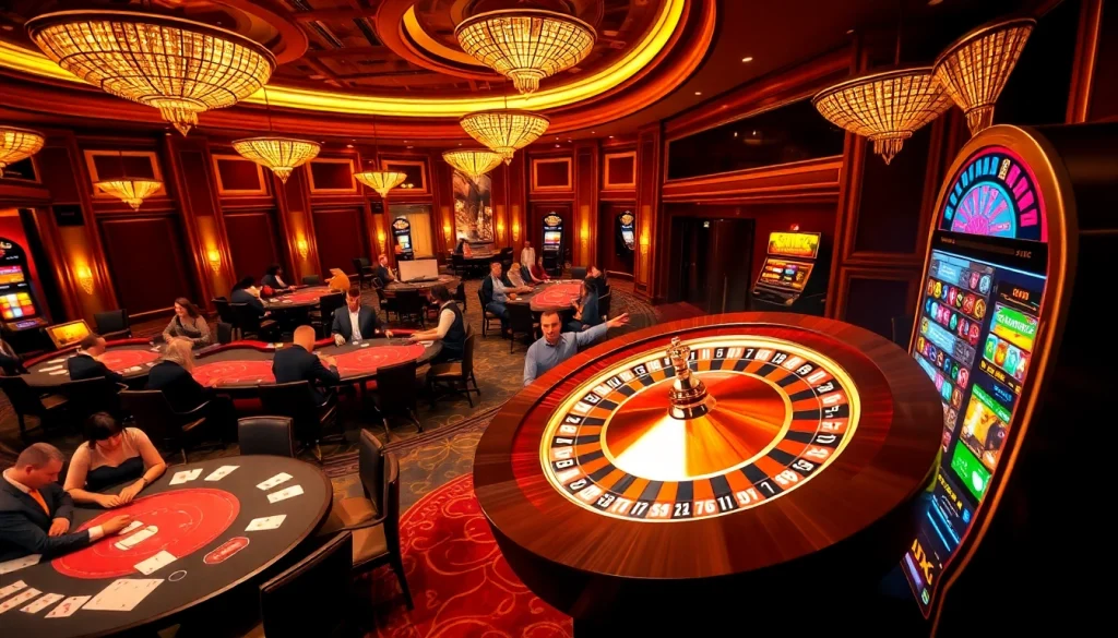 Engaging scene of gamblers enjoying various games at tg88 casino, featuring tables, roulette, and slot machines.