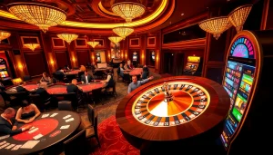 Engaging scene of gamblers enjoying various games at tg88 casino, featuring tables, roulette, and slot machines.