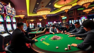 A vibrant casino scene showcasing the thrilling atmosphere of 56WIN with excited gamblers around the poker table.