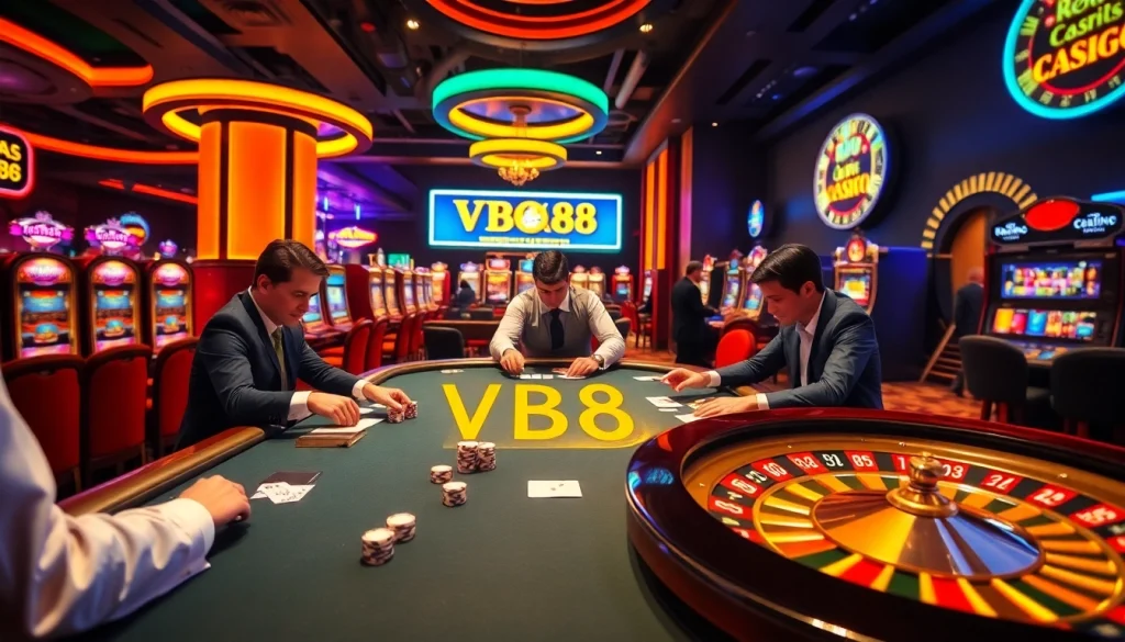 Players engaging with the VB88 casino experience at a poker table in a vibrant setting.