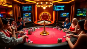 Players enjoying engaging casino games at the Luck8 gaming table, highlighting vibrant poker chips and a spinning roulette wheel.