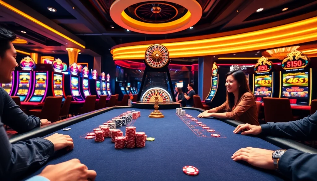 Players engaging in lively poker at GG88 com, showcasing a vibrant casino atmosphere.