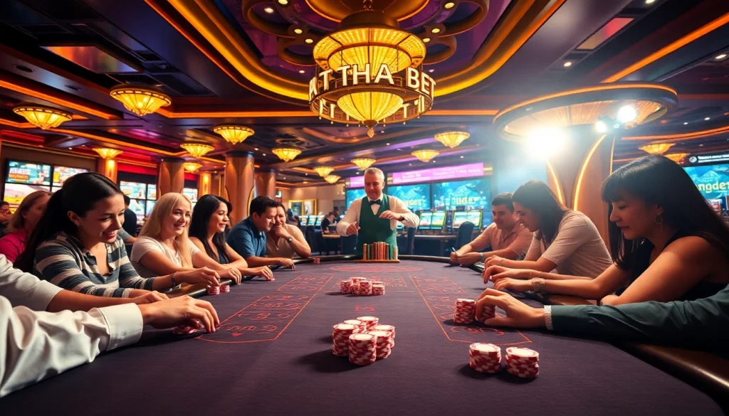 Engaging scene of players enjoying THA BET at a lively poker table in a luxurious casino atmosphere.