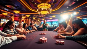 Engaging scene of players enjoying THA BET at a lively poker table in a luxurious casino atmosphere.