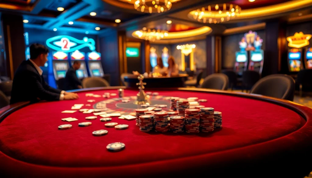 Experience the excitement of 399W with poker tables, chips, and roulette wheels in a luxury casino.