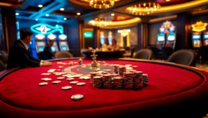 Experience the excitement of 399W with poker tables, chips, and roulette wheels in a luxury casino.