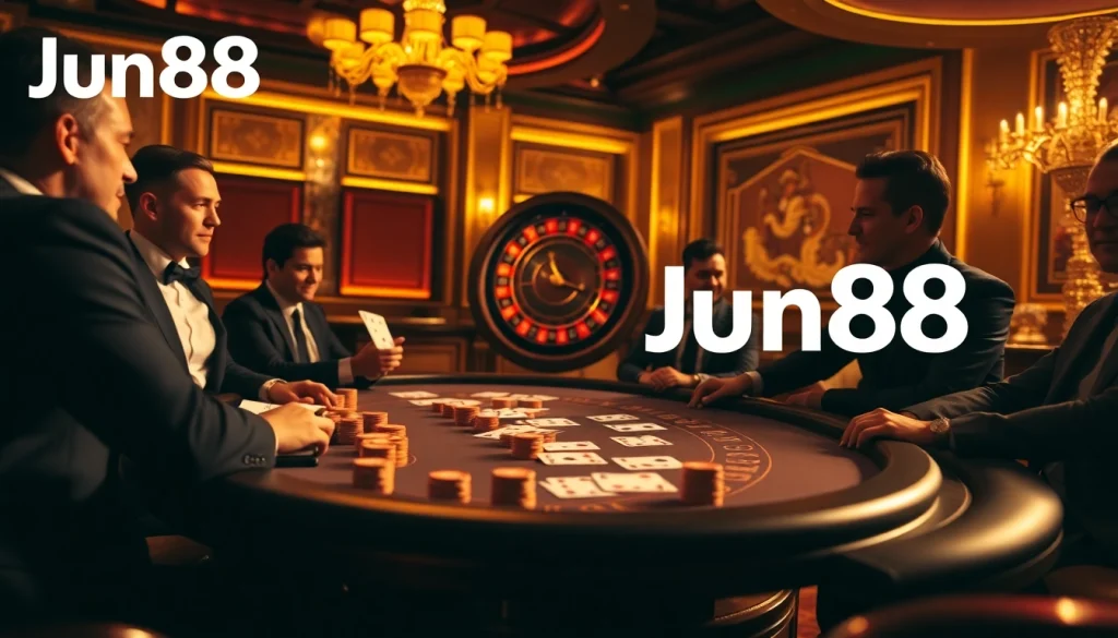 Players strategizing and enjoying a thrilling game at Jun88 Casino's luxury poker table.