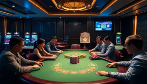 Engaged players at Vua99 caisno enjoying poker and roulette in a lively casino atmosphere.