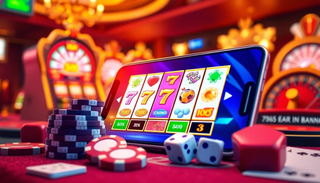 Experience the excitement of tải sunwin in a vibrant online casino setting with slot machines and poker elements.