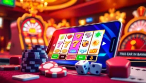 Experience the excitement of tải sunwin in a vibrant online casino setting with slot machines and poker elements.