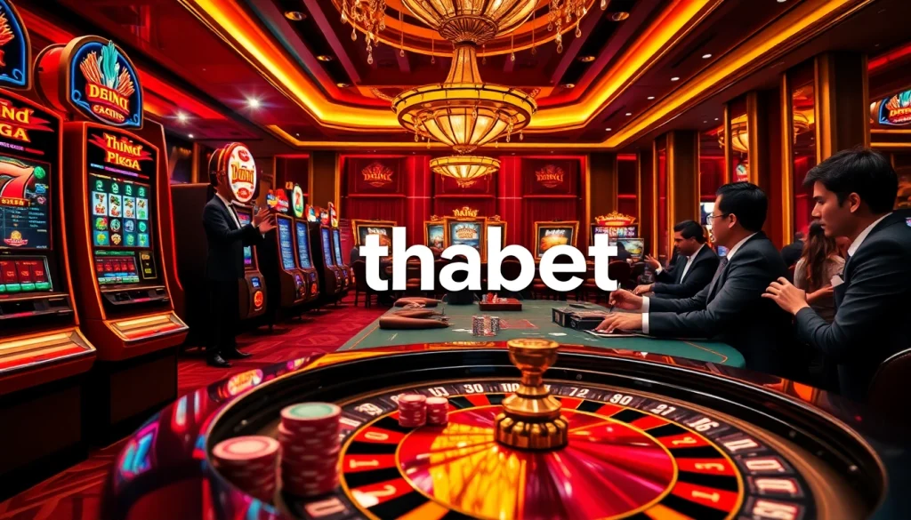 Thabet casino scene showcasing players at poker tables and vibrant slot machines.