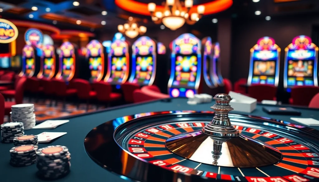 Dynamic gambling action at https://xoixoai.com/ with roulette, poker chips, and a luxurious casino atmosphere.