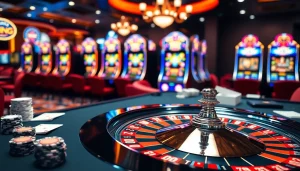 Dynamic gambling action at https://xoixoai.com/ with roulette, poker chips, and a luxurious casino atmosphere.