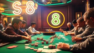 Players strategizing at a poker table in an elegant casino setting featuring S8.