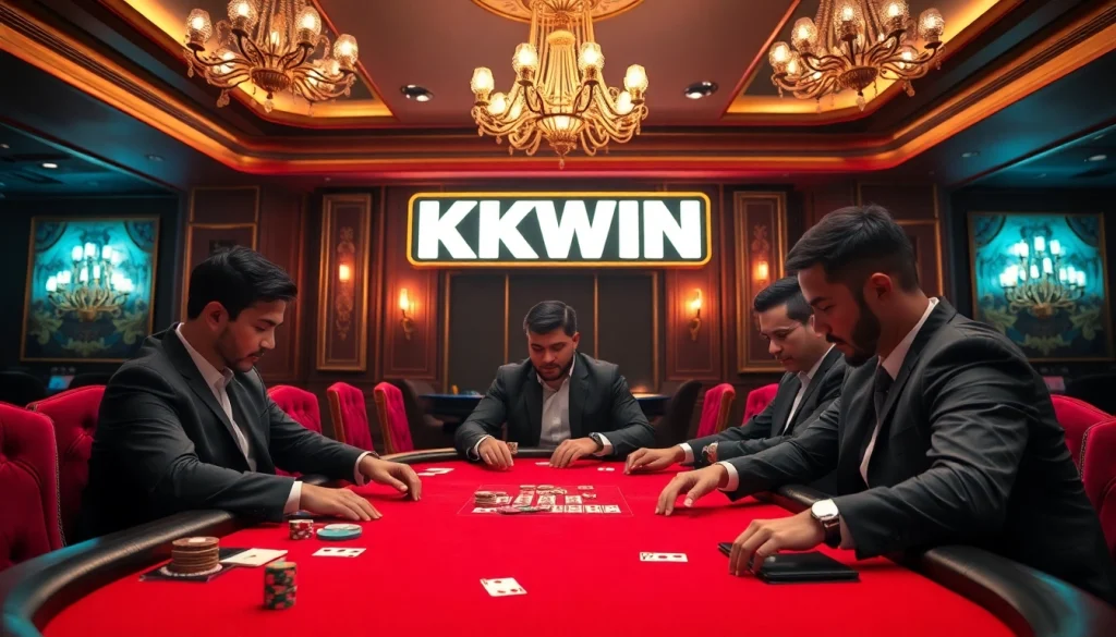 Kkwin poker table scene showcasing pro players, chips, and cards in a luxurious casino.