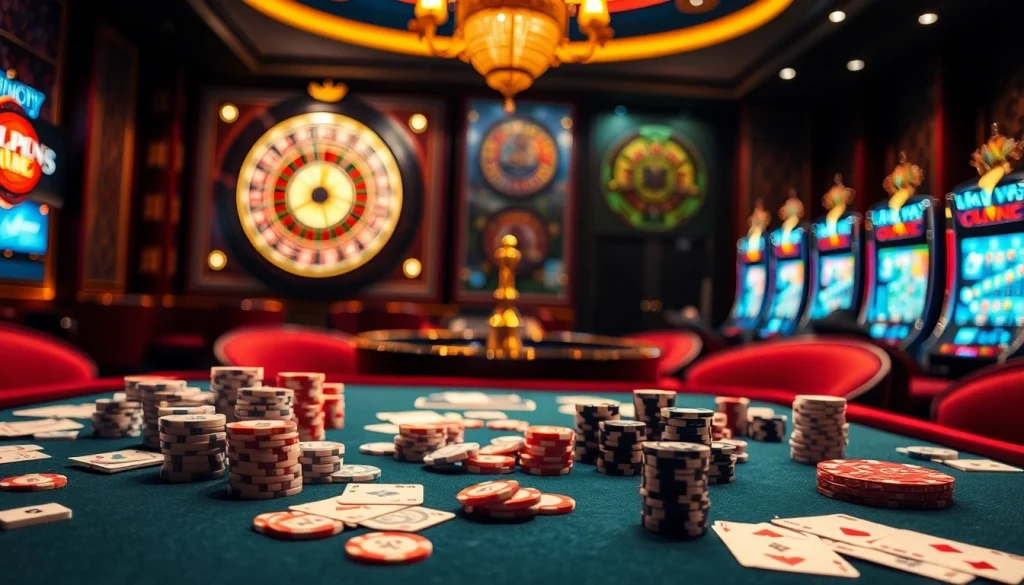 Engage with keonhacai5's vibrant casino atmosphere featuring tables, chips, and exciting games.