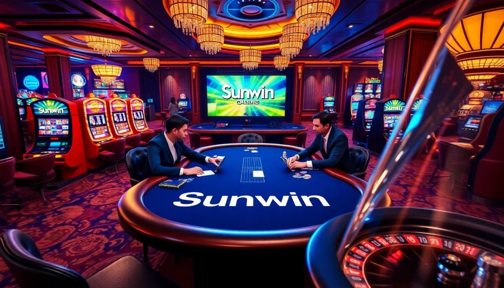 Sunwin players strategizing at a luxurious poker table in a vibrant casino atmosphere.