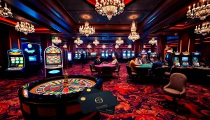 Gamblers enjoying credit-based strategies at a vibrant casino with roulette and poker tables.