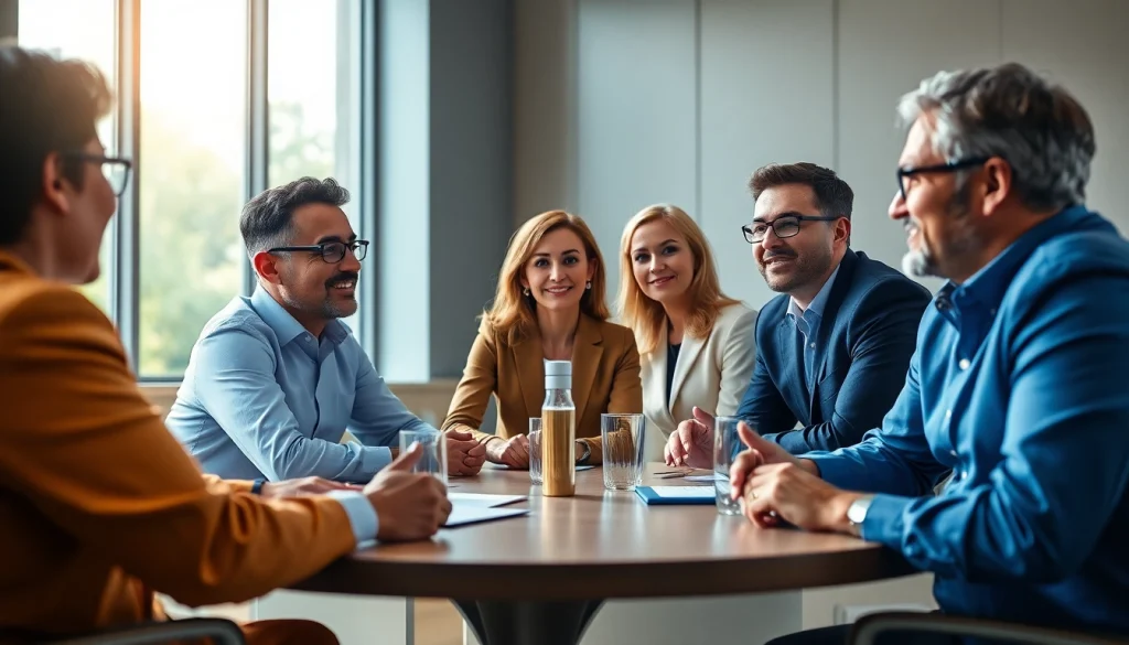 Engaged leaders sharing founder leadership insights around a roundtable in a bright office.