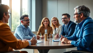 Engaged leaders sharing founder leadership insights around a roundtable in a bright office.