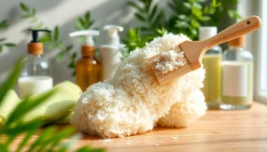 Learn how to clean a loofah with eco-friendly products displayed on a wooden countertop.