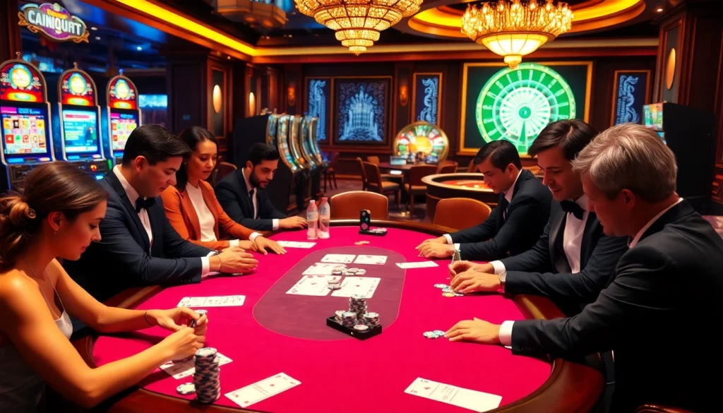 Experience credit online as players engage in a thrilling casino poker game, with stacks of chips and betting slips.