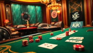 Engage in thrilling KJC casino games with vibrant tables showcasing luxury and excitement.