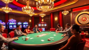 Exciting gameplay at a luxury casino featuring PG88 poker chips and illuminated slot machines.