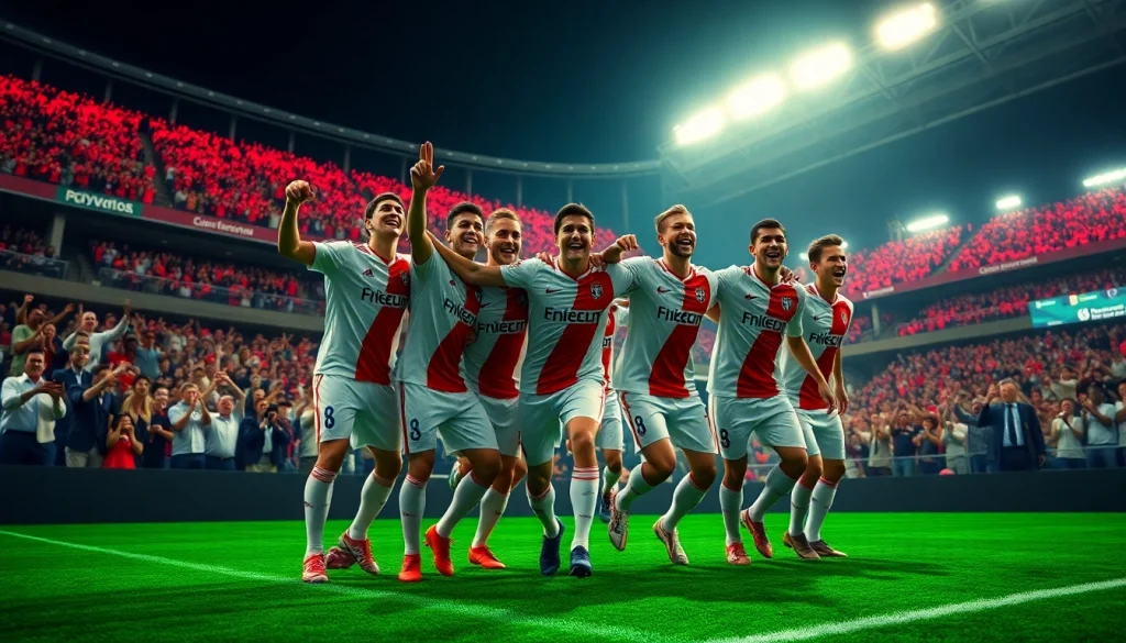 เรอัลมาดริด players celebrating a goal in a vibrant stadium setting.