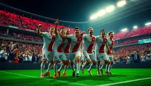 เรอัลมาดริด players celebrating a goal in a vibrant stadium setting.