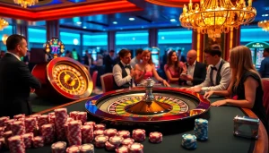 Excited gamblers engaging with the F168-themed slot machine in a luxurious casino setting.