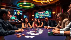 Players engaging in a thrilling poker game at ev88 casino, showcasing vibrant chips and cards.
