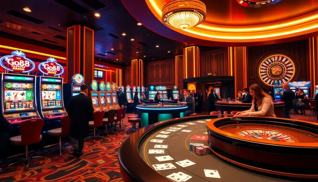 High-octane casino scene featuring GO8 poker tables and slot machines, capturing excitement and luxury.