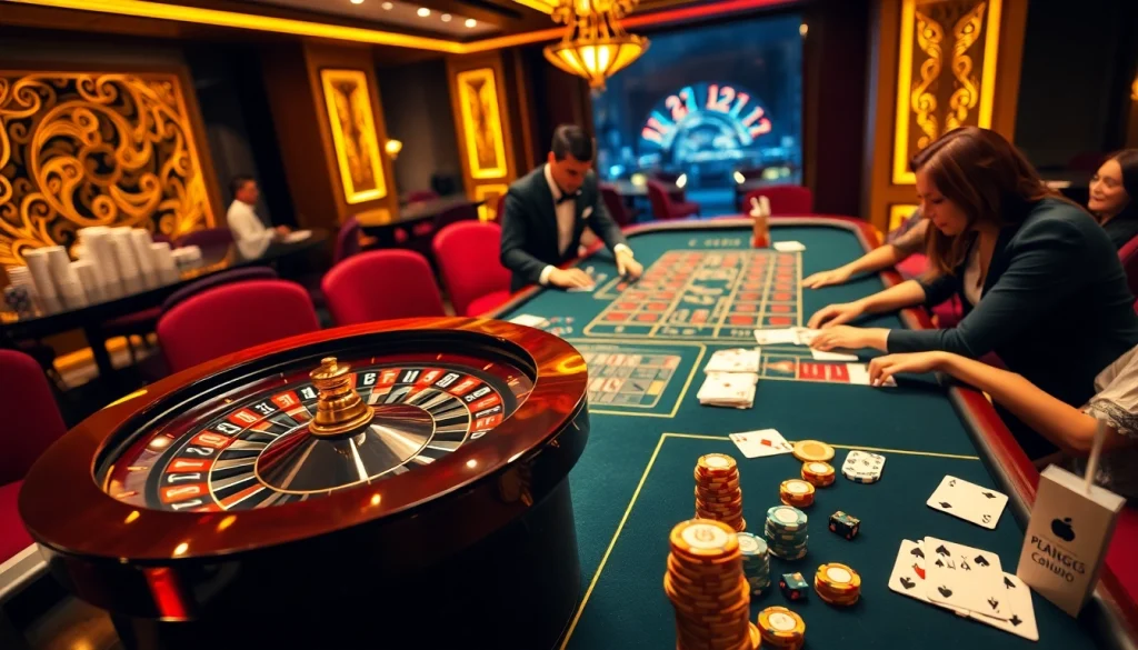 A thrilling casino experience at Trang Chủ S8 with roulette, poker chips, and engaged players.
