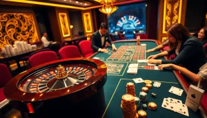 A thrilling casino experience at Trang Chủ S8 with roulette, poker chips, and engaged players.