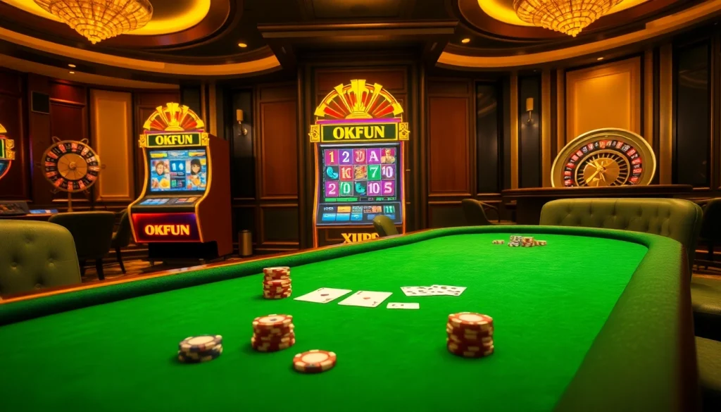 Experience thrilling gaming action with the OKFUN-themed slot machine and vibrant casino tables.