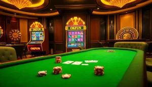 Experience thrilling gaming action with the OKFUN-themed slot machine and vibrant casino tables.