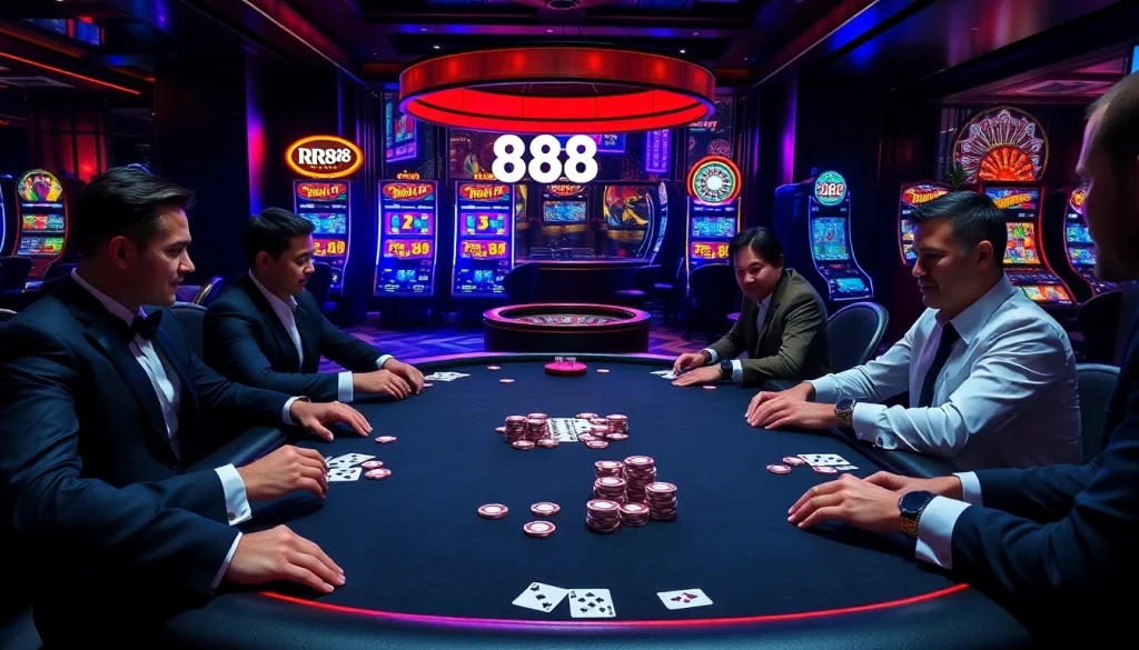 Players strategizing in an upscale rr 88 poker game with vibrant chips and cards.