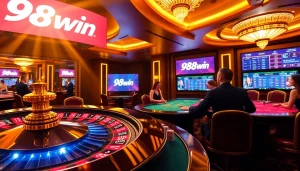 Engaging in lively casino action at 98win with roulette and poker chips on a glamorous table.