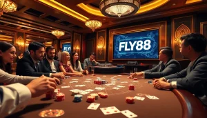 Players placing bets at a poker table in the glamorous FLY88 casino environment.