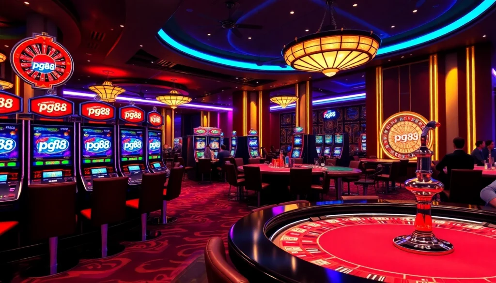 Enjoying the excitement of pg88 slot at a luxurious casino with players and vibrant slot machines.